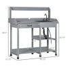 Outsunny Potting Bench Table, Includes Removable Outdoor Sink Station with Hose Hook Up, Wooden Work Station with Faucet, Drawer, Shelves, Hooks, Gray - Image 3