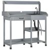 Outsunny Potting Bench Table, Includes Removable Outdoor Sink Station with Hose Hook Up, Wooden Work Station with Faucet, Drawer, Shelves, Hooks, Gray