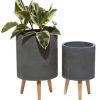 Gray Ceramic Indoor Outdoor Planter with Wood Legs Set of 2