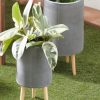 Gray Ceramic Indoor Outdoor Planter with Wood Legs Set of 2 - Image 8