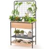 59" Raised Wooden Garden Bed with Metal Trellis Open Storage Shelves Drain Holes